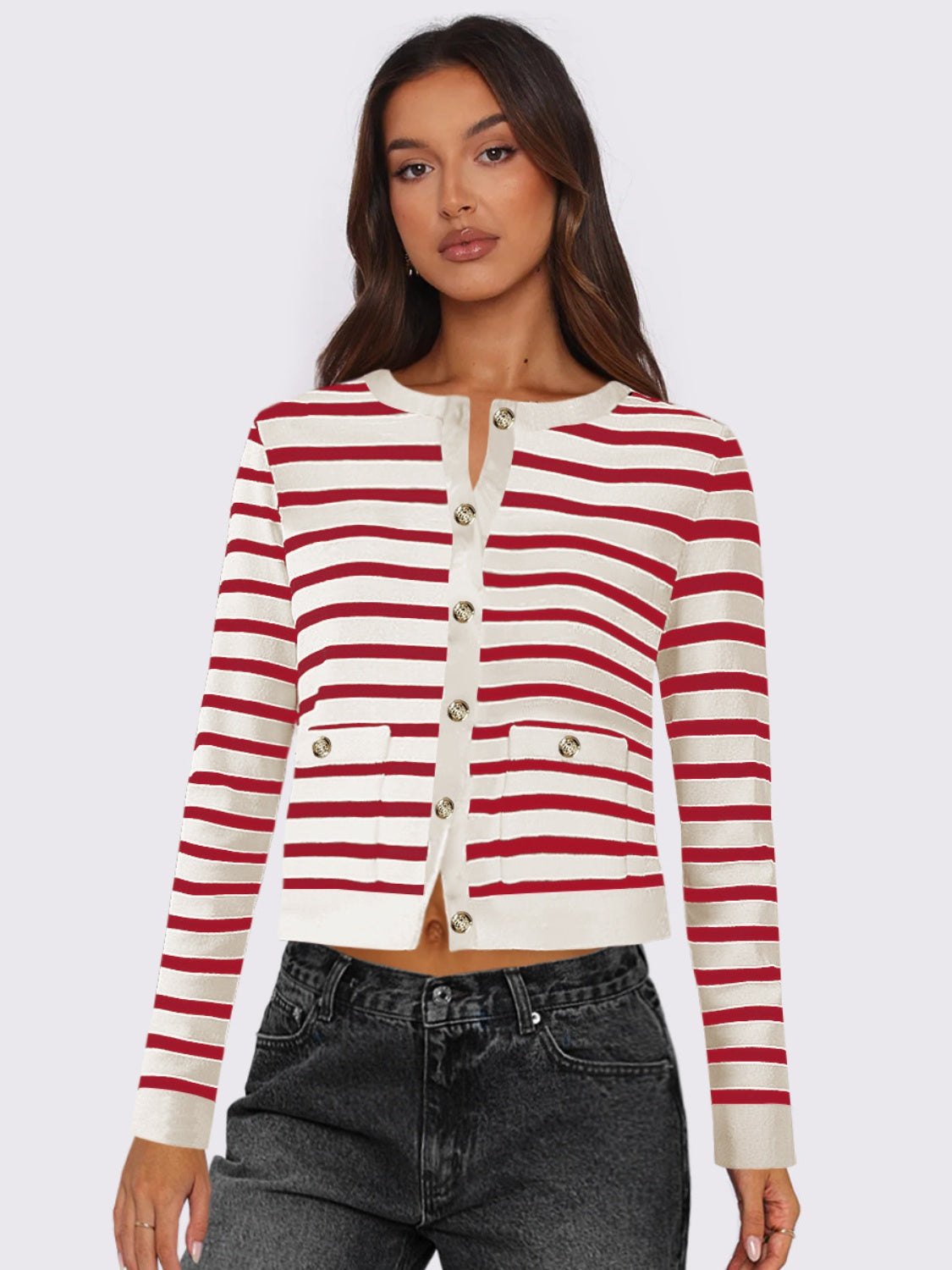 Striped Round Neck Button Up Long Sleeve Cardigan - Deep Red / S