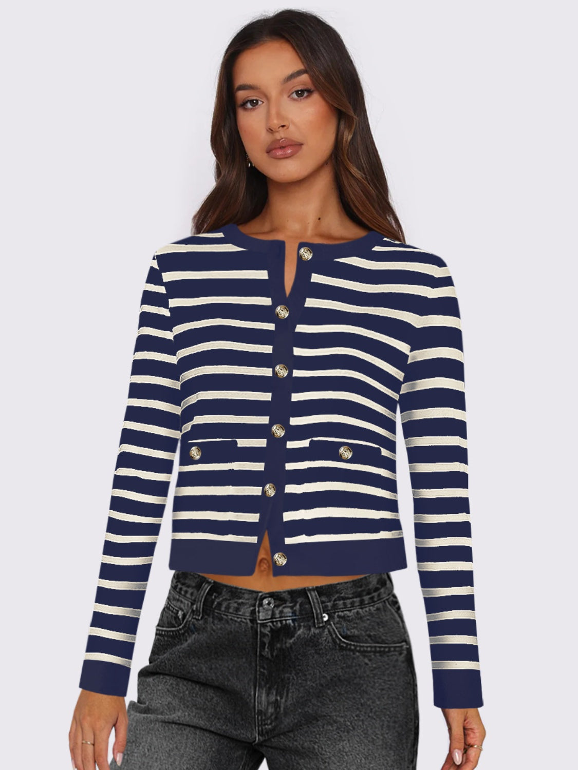 Striped Round Neck Button Up Long Sleeve Cardigan - Navy / S