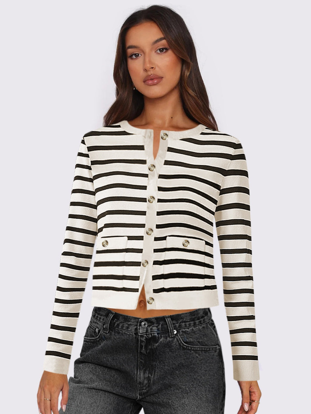 Striped Round Neck Button Up Long Sleeve Cardigan - White / S