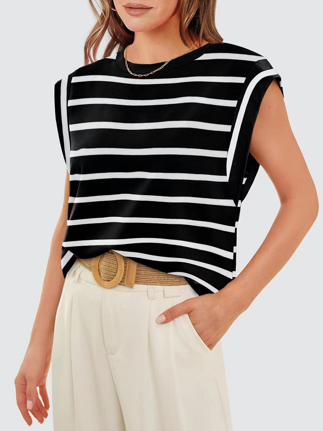 Striped Round Neck Cap Sleeve T-Shirt - Black / S