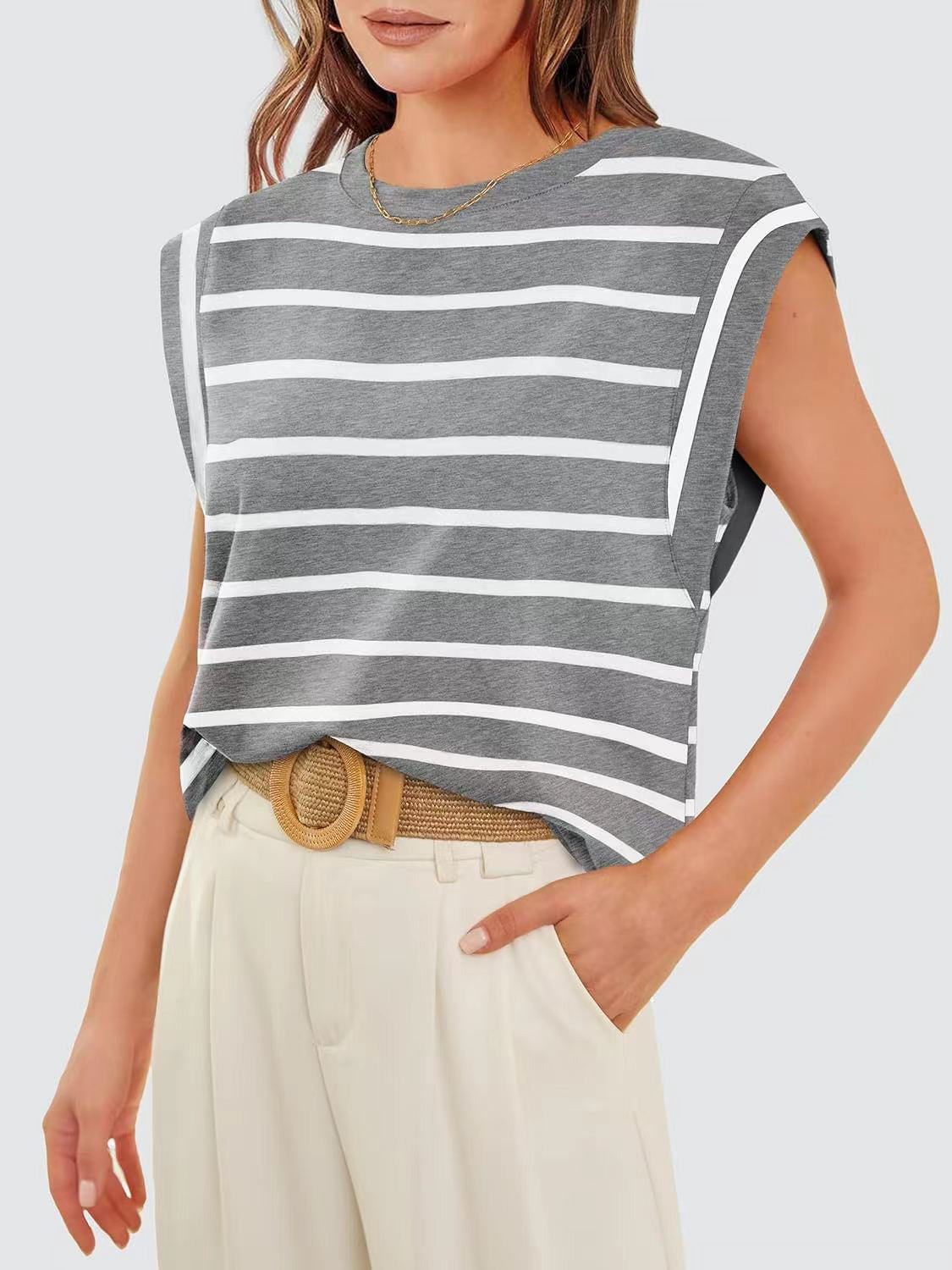 Striped Round Neck Cap Sleeve T-Shirt - Cloudy Blue / S