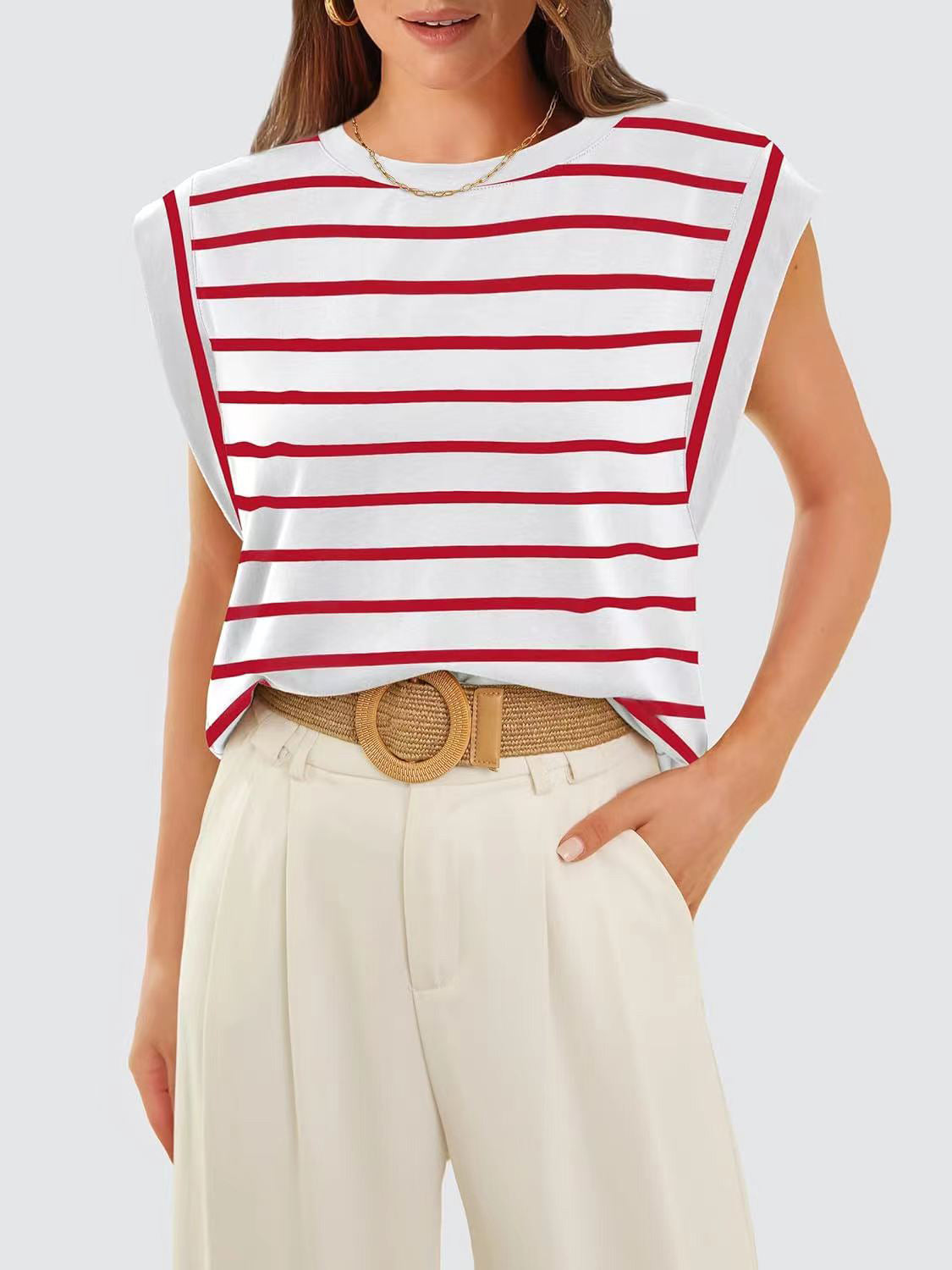 Striped Round Neck Cap Sleeve T-Shirt - Red / S