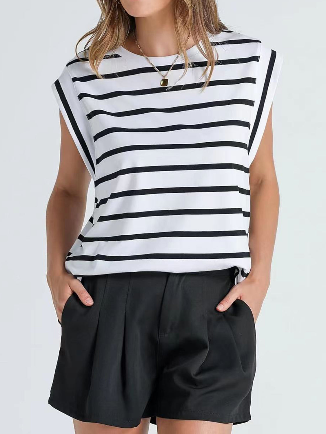 Striped Round Neck Cap Sleeve T-Shirt - White / S