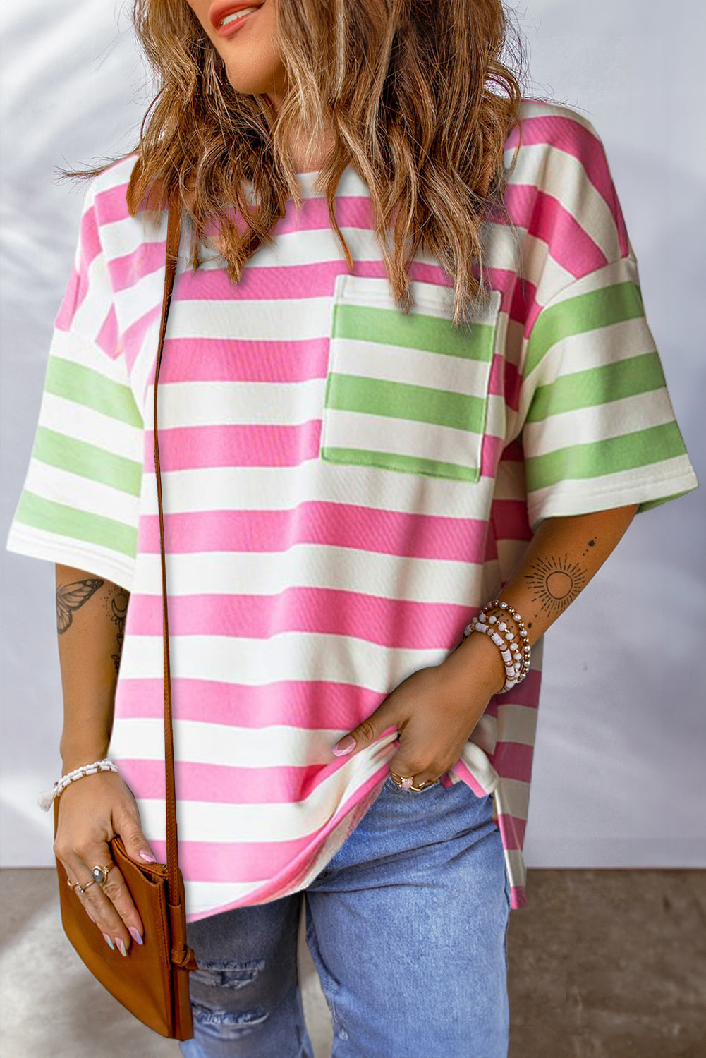 Striped Round Neck Half Sleeve T-Shirt - Hot Pink / S