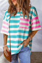 Striped Round Neck Half Sleeve T-Shirt - Pastel Blue / S