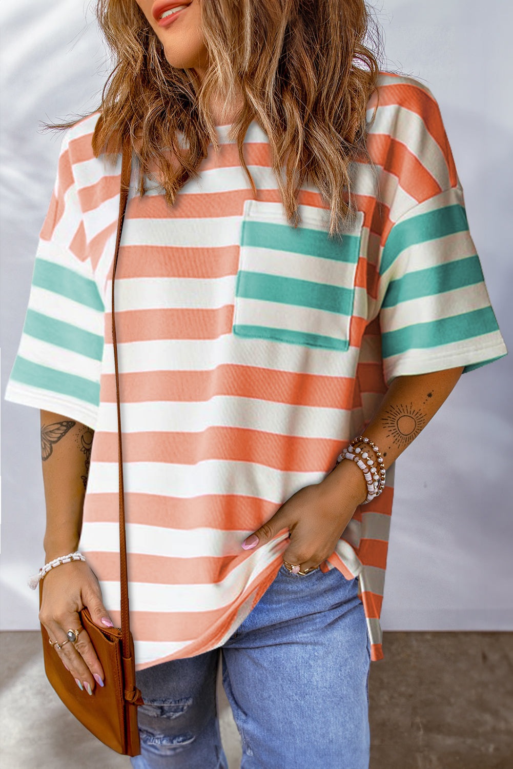 Striped Round Neck Half Sleeve T-Shirt - Tangerine / S