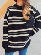 Striped Round Neck Long Sleeve Sweater - Black / One Size