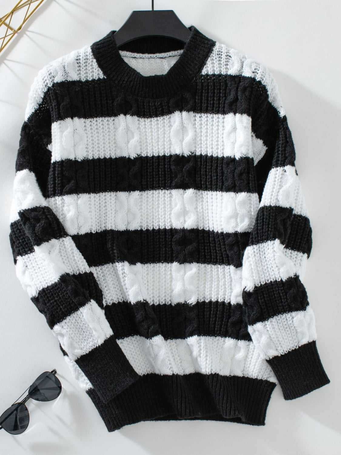 Striped Round Neck Long Sleeve Sweater - Black / S