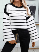 Striped Round Neck Long Sleeve Sweater - Black / S