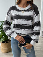 Striped Round Neck Long Sleeve Sweater - Black / S