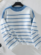 Striped Round Neck Long Sleeve Sweater - Blue / S