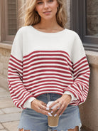 Striped Round Neck Long Sleeve Sweater - Burgundy / S