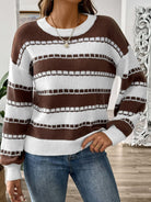 Striped Round Neck Long Sleeve Sweater - Chocolate / S