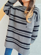 Striped Round Neck Long Sleeve Sweater - Dark Gray / One Size