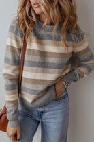 Striped Round Neck Long Sleeve Sweater - Dark Gray / S