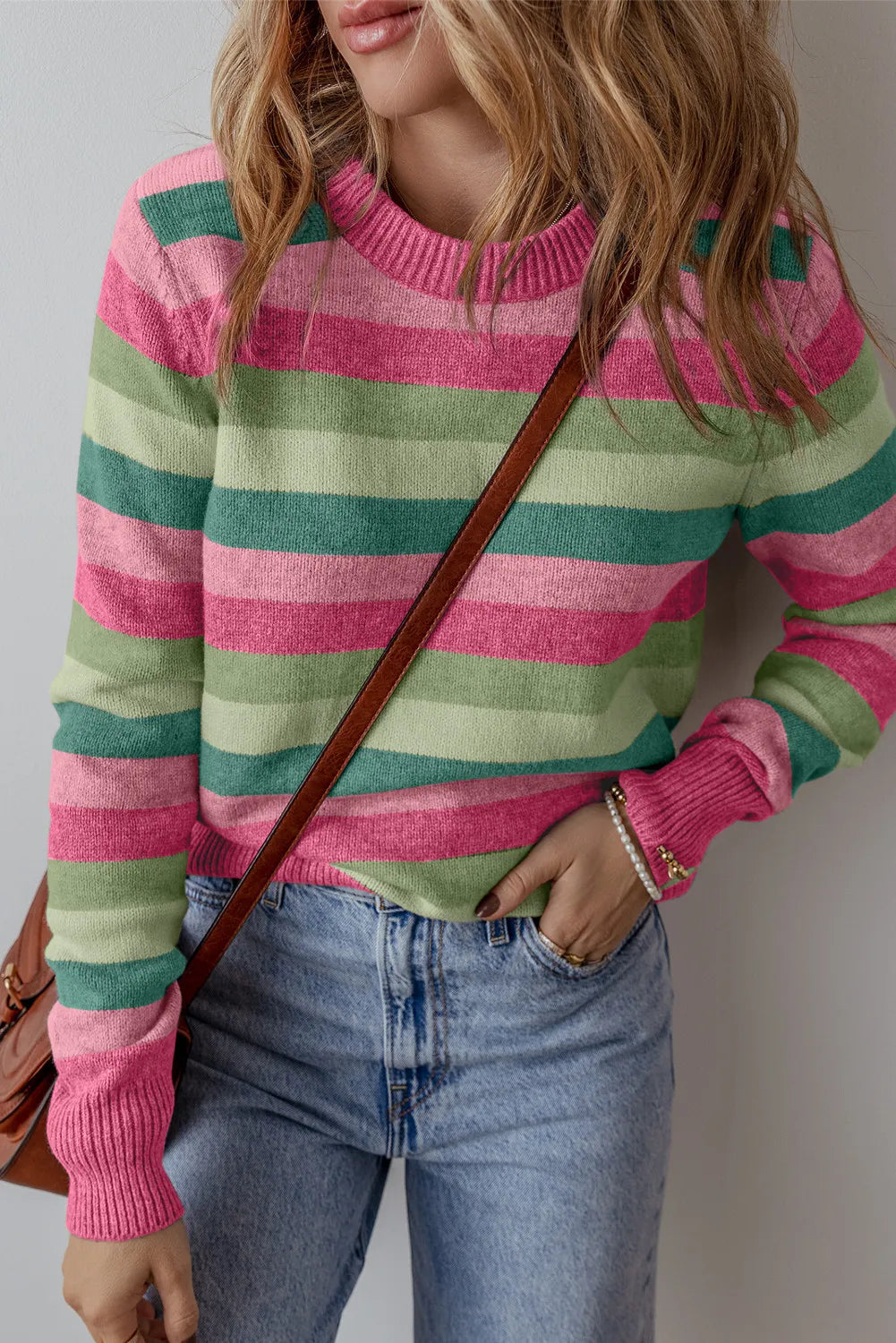 Striped Round Neck Long Sleeve Sweater - Gum Leaf / L