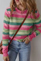 Striped Round Neck Long Sleeve Sweater - Gum Leaf / L