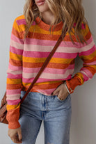 Striped Round Neck Long Sleeve Sweater - Orange / L