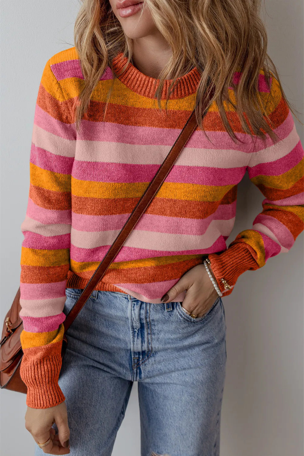 Striped Round Neck Long Sleeve Sweater - Orange / XL