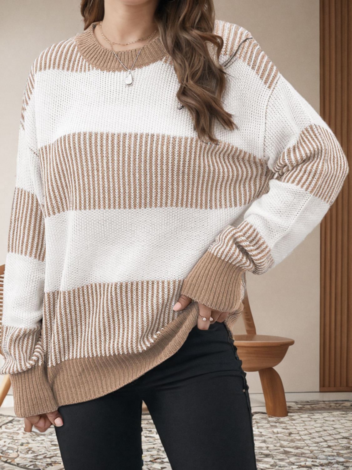 Striped Round Neck Long Sleeve Sweater - Tan / S