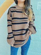 Striped Round Neck Long Sleeve Sweater - Taupe / One Size