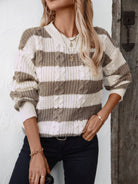 Striped Round Neck Long Sleeve Sweater - Taupe / S