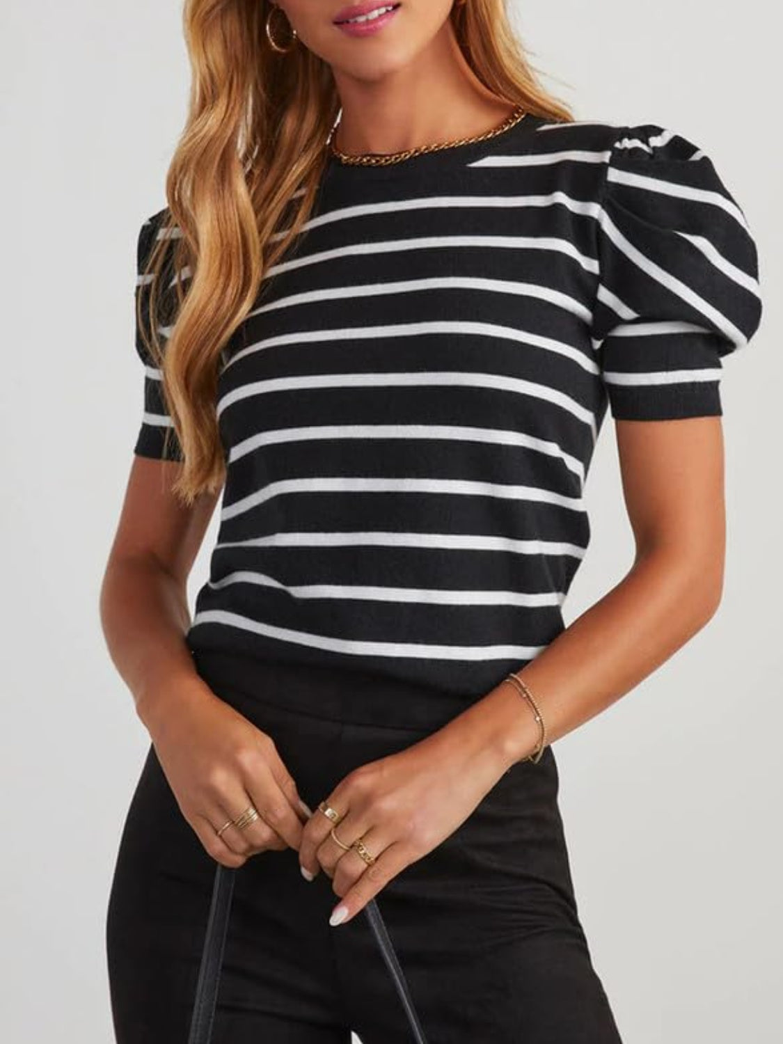 Striped Round Neck Puff Sleeve Knit Top - Black / S