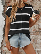 Striped Round Neck Short Sleeve Knit Top - Black / S