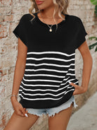 Striped Round Neck Short Sleeve Knit Top - Black / S