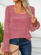 Striped Square Neck Flounce Sleeve Top - Deep Red / S