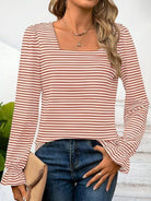 Striped Square Neck Flounce Sleeve Top - Dusty Pink / S