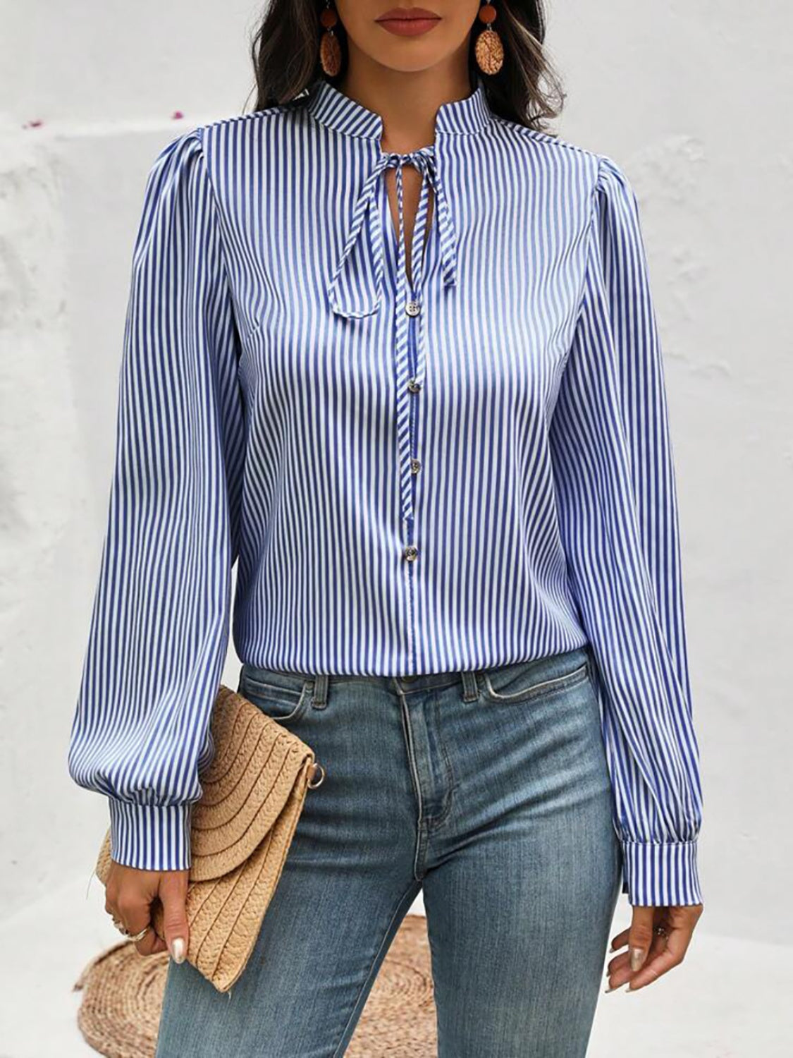 Striped Tie Neck Long Sleeve Blouse - Dusty Blue / S