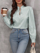 Striped Tie Neck Long Sleeve Blouse - Light Green / S