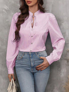 Striped Tie Neck Long Sleeve Blouse - Pink / S