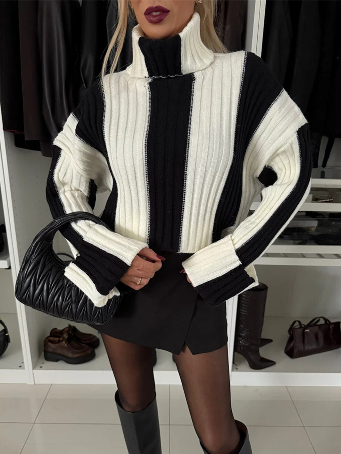 Striped Turtleneck Dropped Shoulder Sweater - Black / S