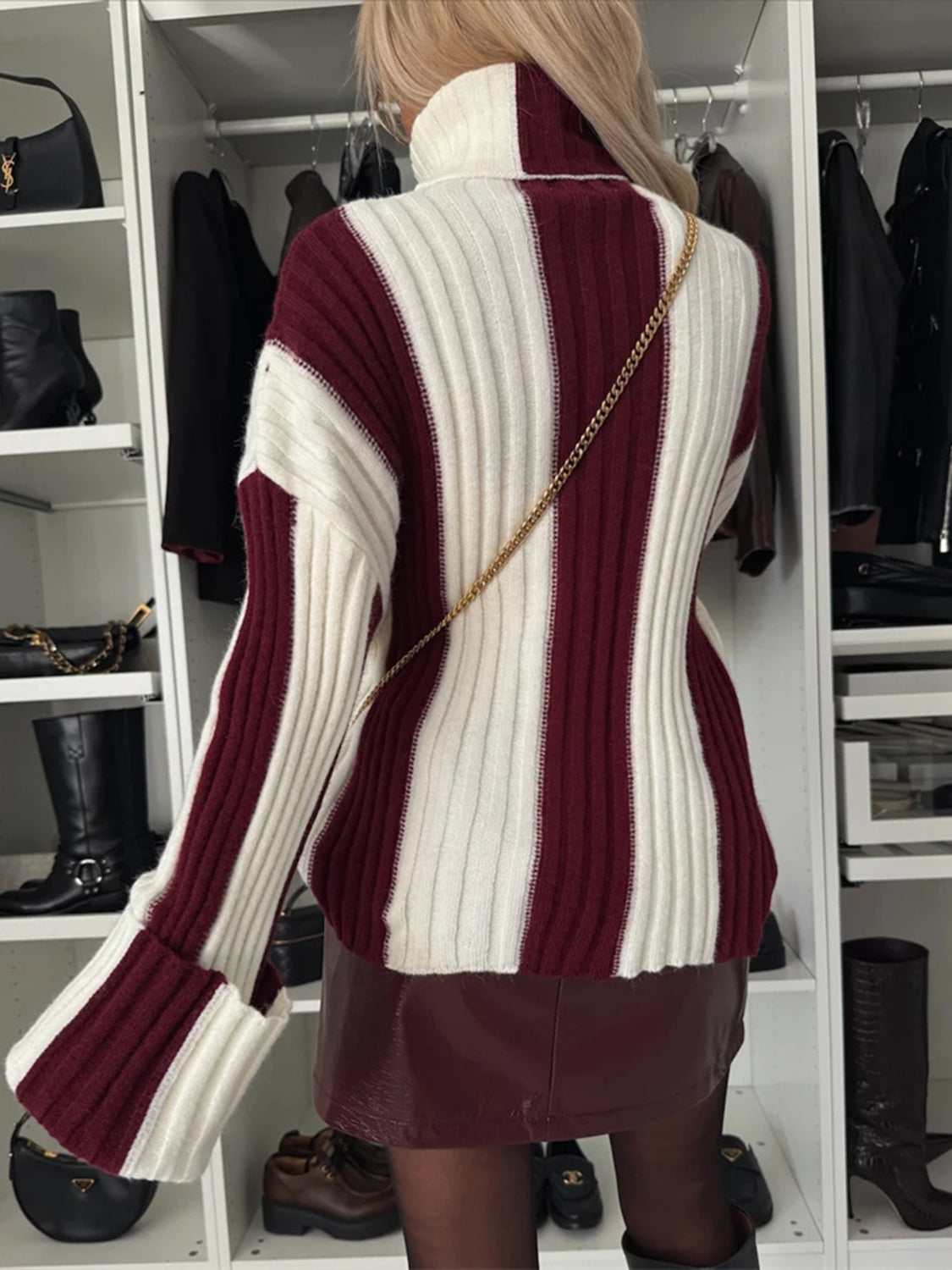 Striped Turtleneck Dropped Shoulder Sweater - Burgundy / S