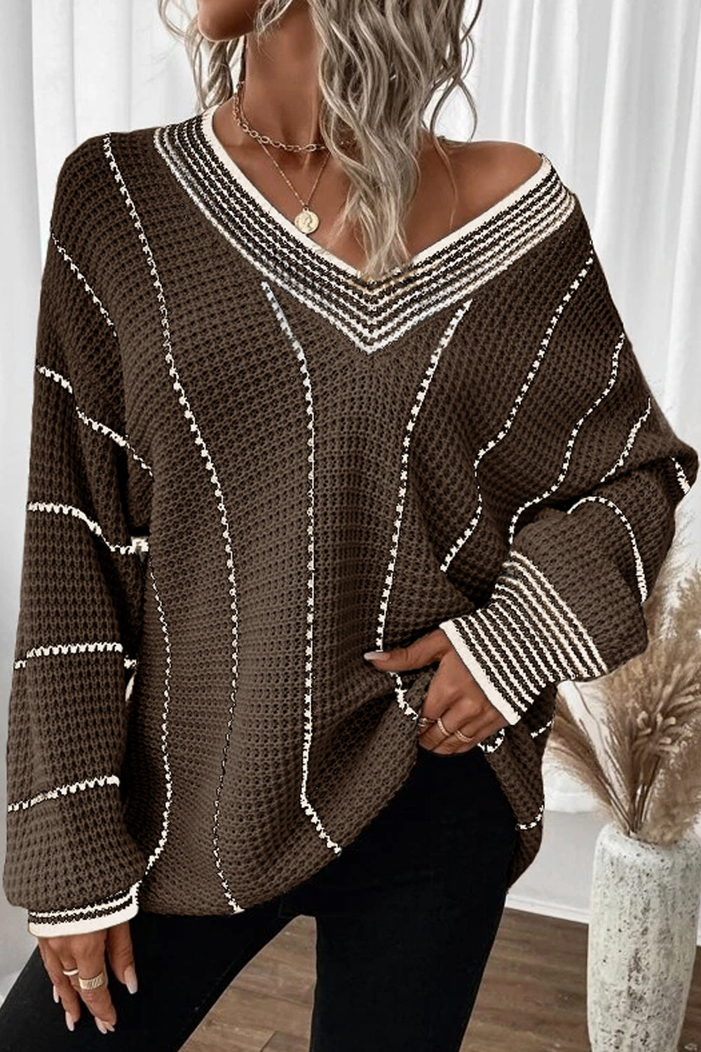 Striped V-Neck Dropped Shoulder Sweater - Coffee Brown / S
