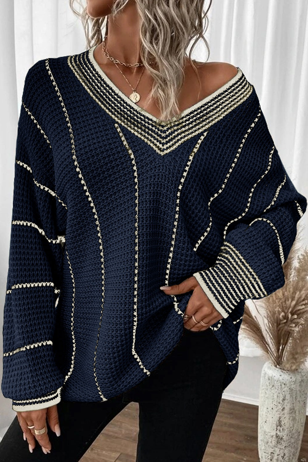 Striped V-Neck Dropped Shoulder Sweater - Dark Navy / S