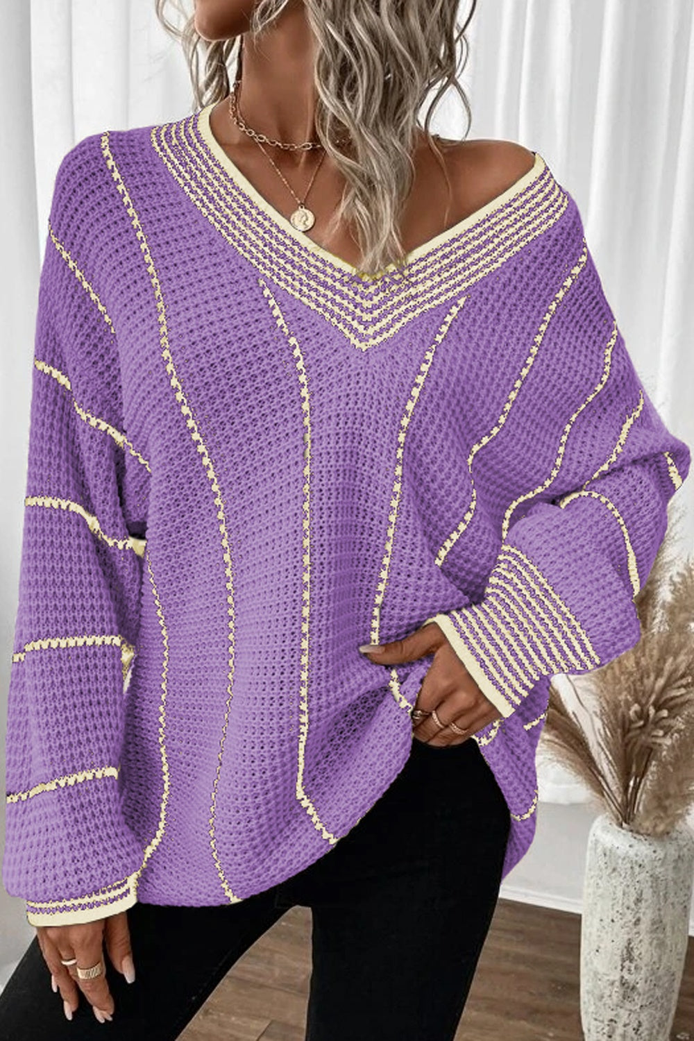 Striped V-Neck Dropped Shoulder Sweater - Lavender / S
