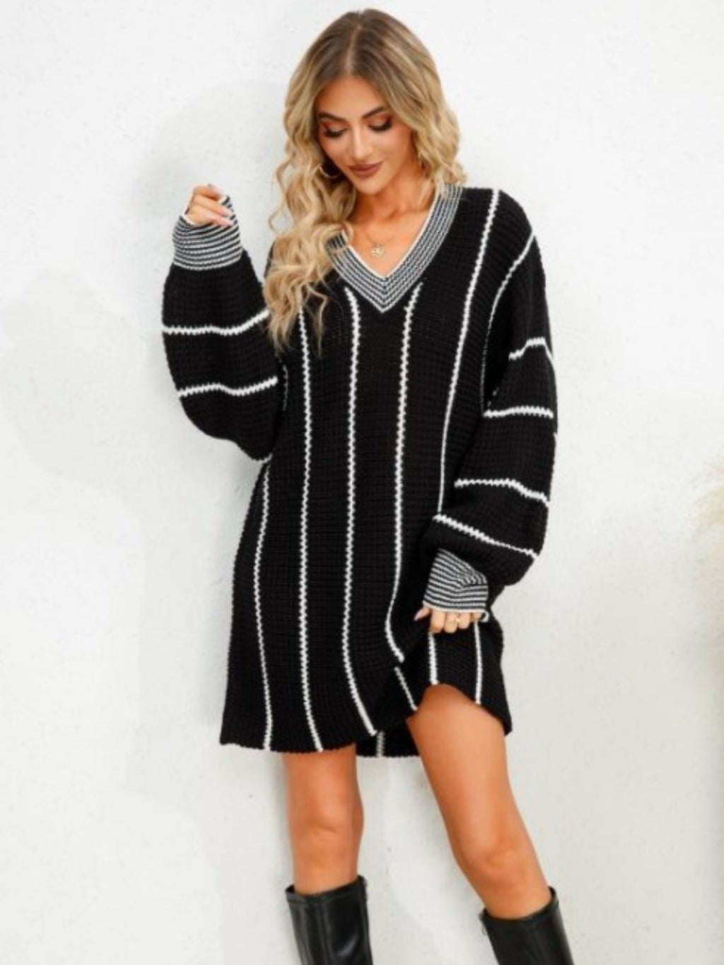 Striped V-Neck Long Sleeve Mini Dress - Black / S