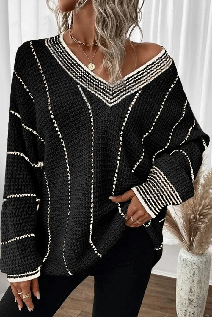 Striped V-Neck Long Sleeve Sweater - Black / S