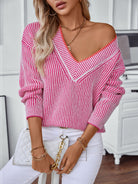 Striped V-Neck Long Sleeve Sweater - Cerise / S