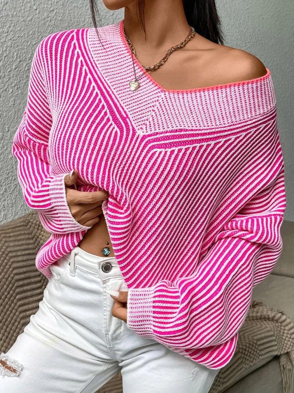 Striped V-Neck Long Sleeve Sweater - Hot Pink / One Size