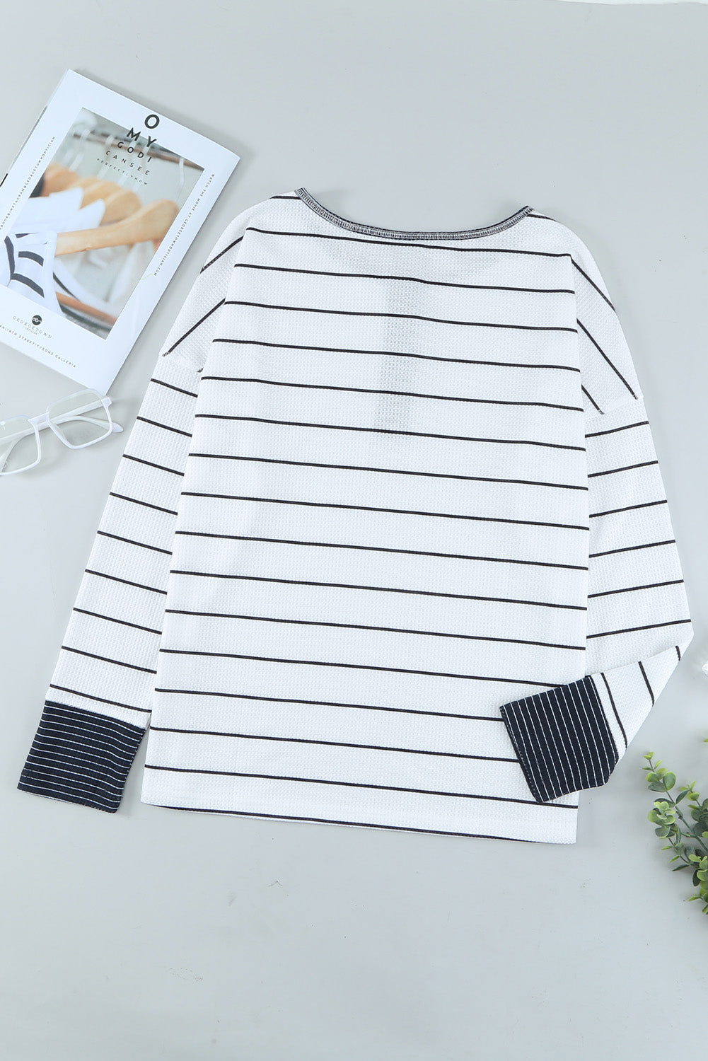 Striped Waffle Knit Henley Long Sleeve Top