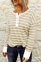 Striped Waffle Knit Henley Long Sleeve Top