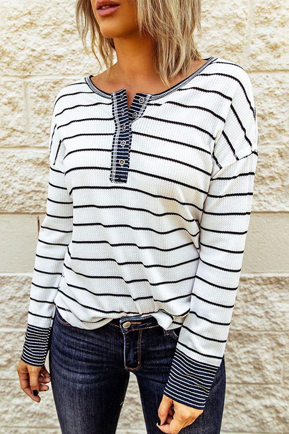 Striped Waffle Knit Henley Long Sleeve Top