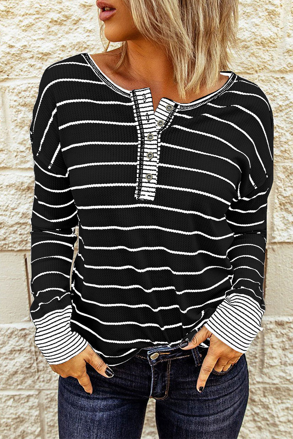 Striped Waffle Knit Henley Long Sleeve Top - Black / S