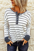 Striped Waffle Knit Henley Long Sleeve Top - White / S