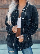 Studded Collared Neck Button Down Jacket - Black / S