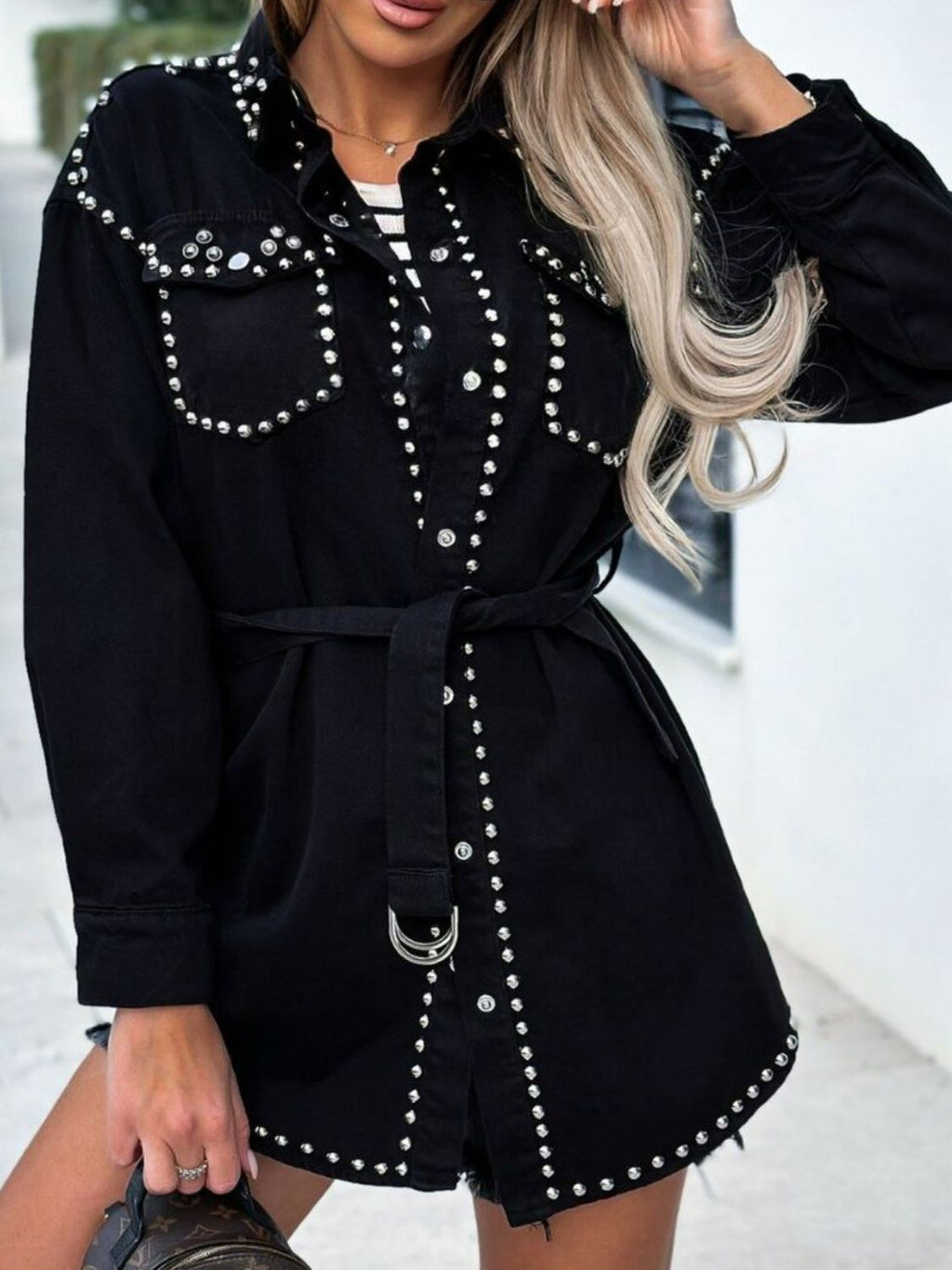 Studded Snap Down Long Sleeve Denim Shacket - Black / S
